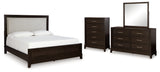 Neymorton King Upholstered Panel Bed with Mirrored Dresser and Chest in Dark Grayish Brown from Ashley - Luna Furniture
