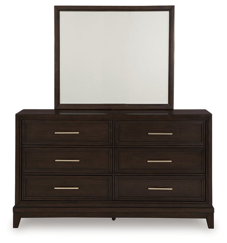 Neymorton King Upholstered Panel Bed with Mirrored Dresser and Chest in Dark Grayish Brown from Ashley - Luna Furniture