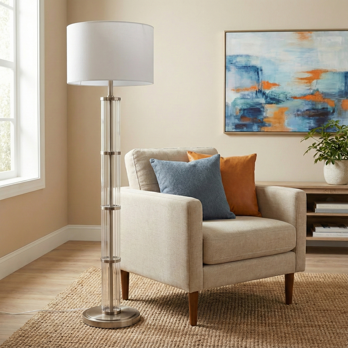 Nimbus Brushed Nickel Floor Lamp with 3-Way Rotary Switch Clear Glass Body Metal Base from Ashcroft Furniture - Luna Furniture