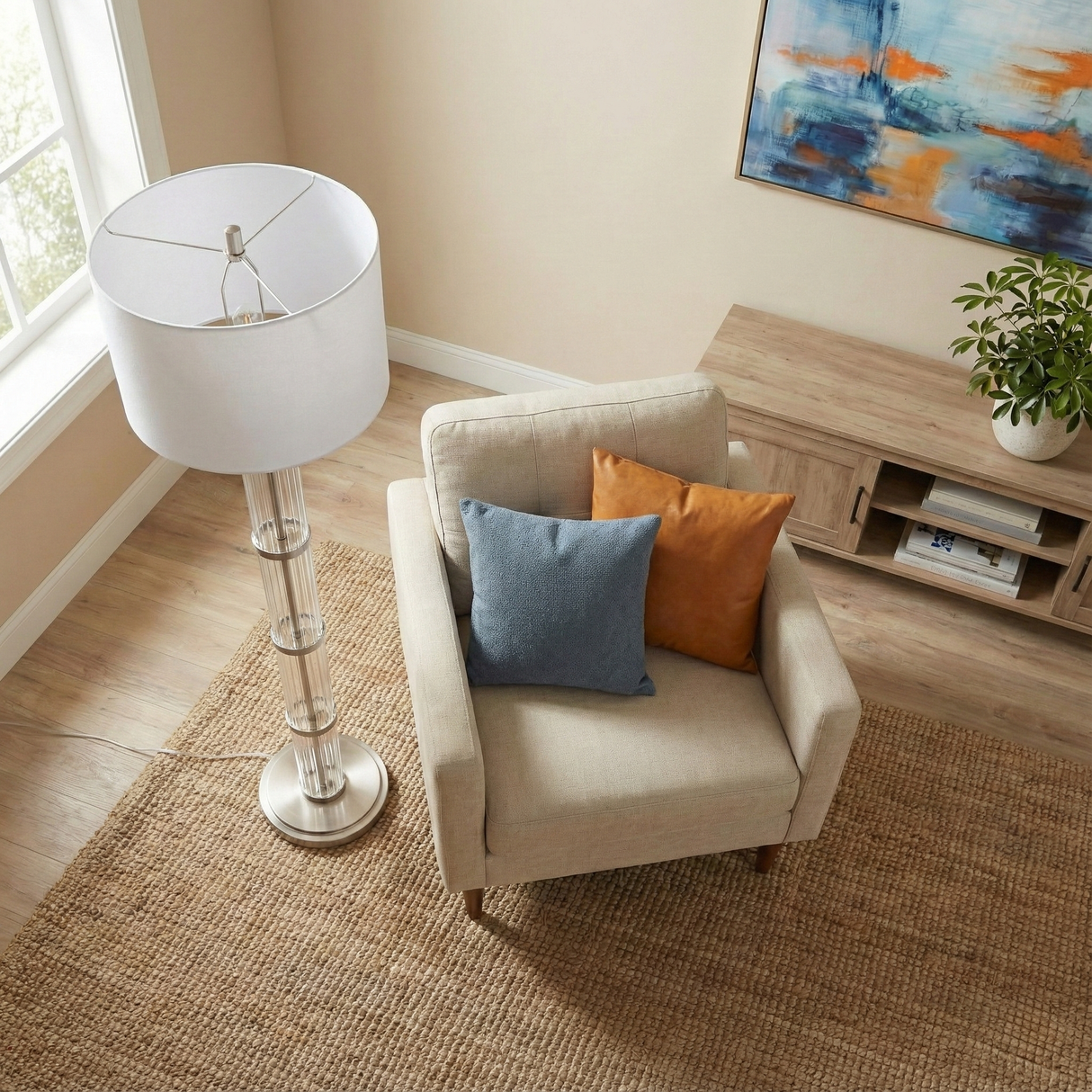 Nimbus Brushed Nickel Floor Lamp with 3-Way Rotary Switch Clear Glass Body Metal Base from Ashcroft Furniture - Luna Furniture