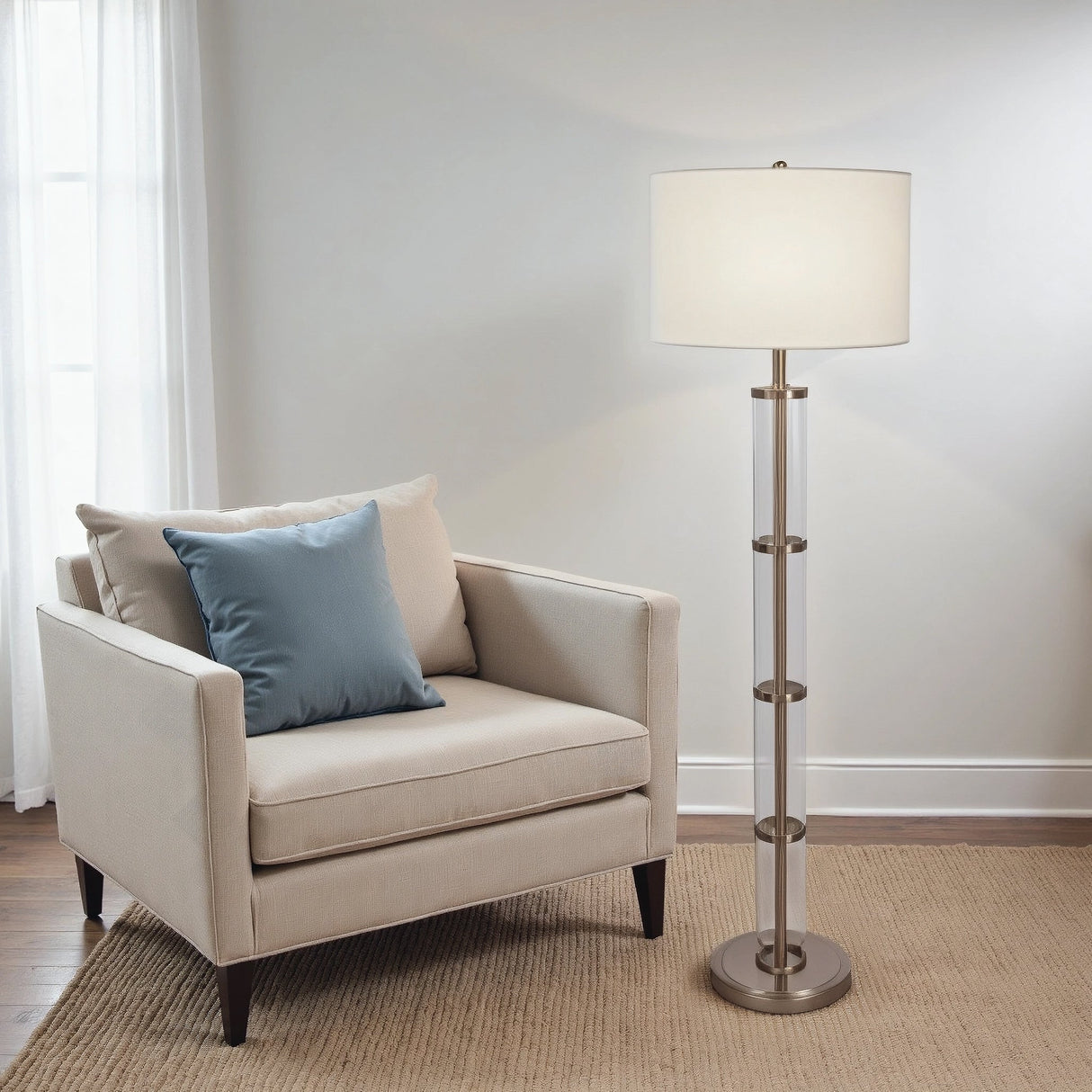 Nimbus Brushed Nickel Floor Lamp with 3-Way Rotary Switch Clear Glass Body Metal Base from Midinmod - Luna Furniture