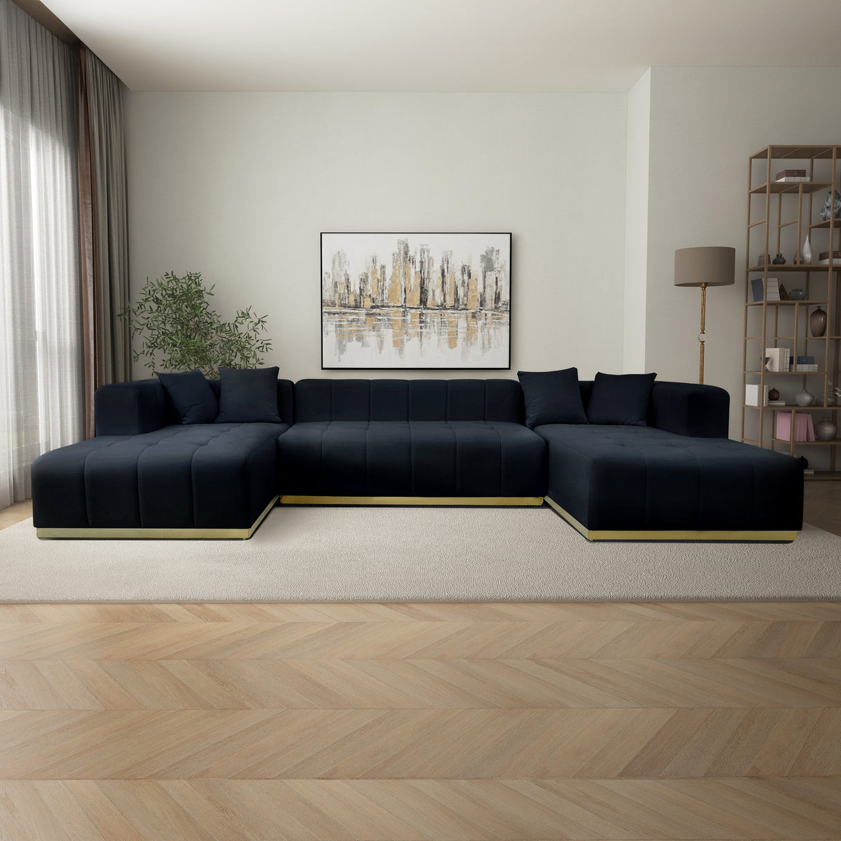 Olivia Black Velvet U-Shape Corner Sofa from Ashcroft Furniture - Luna Furniture
