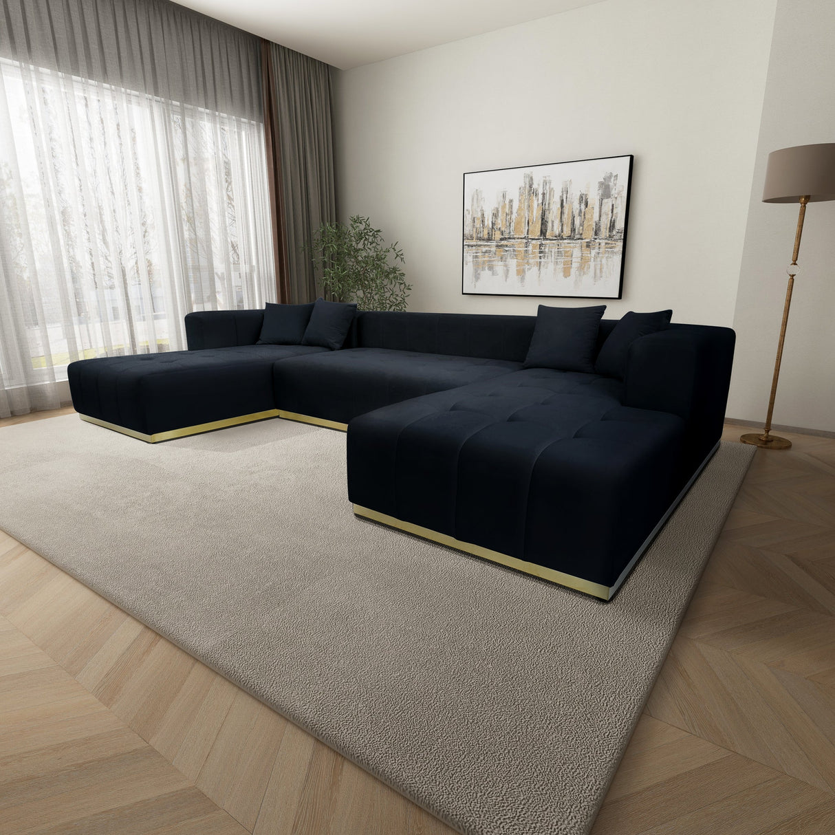 Olivia Black Velvet U-Shape Corner Sofa from Ashcroft Furniture - Luna Furniture