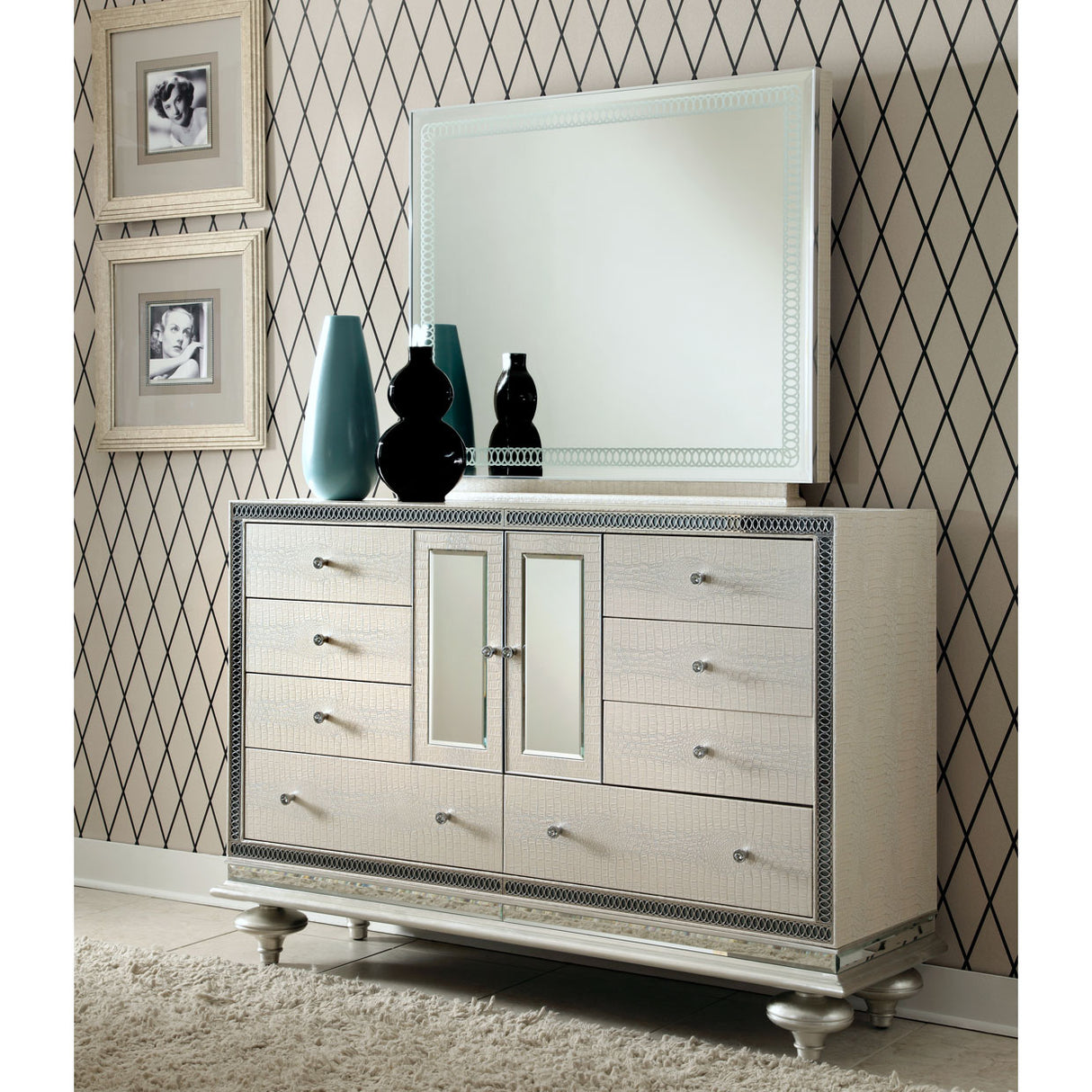 Hollywood Swank Crystal Croc Dresser With Mirror from Michael Amini - Luna Furniture