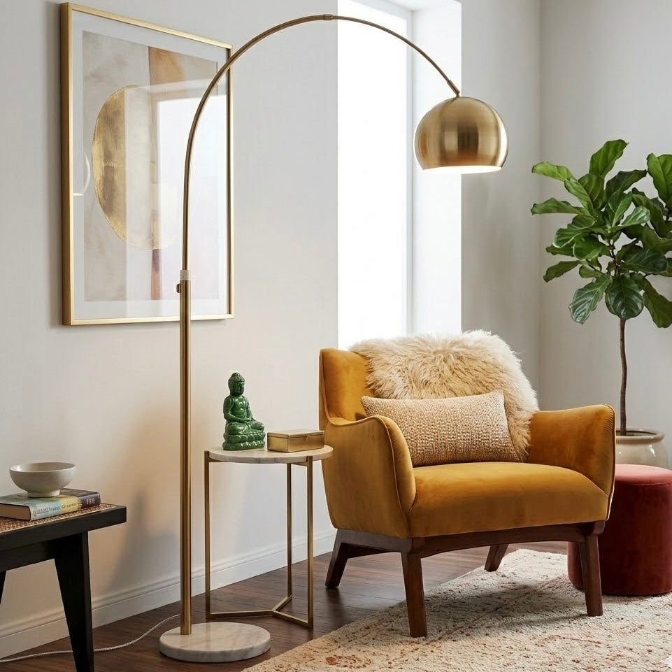 Oasis Long Arm Gold Brass Adjustable Floor Lamp with Round White Marble Base from Ashcroft Furniture - Luna Furniture
