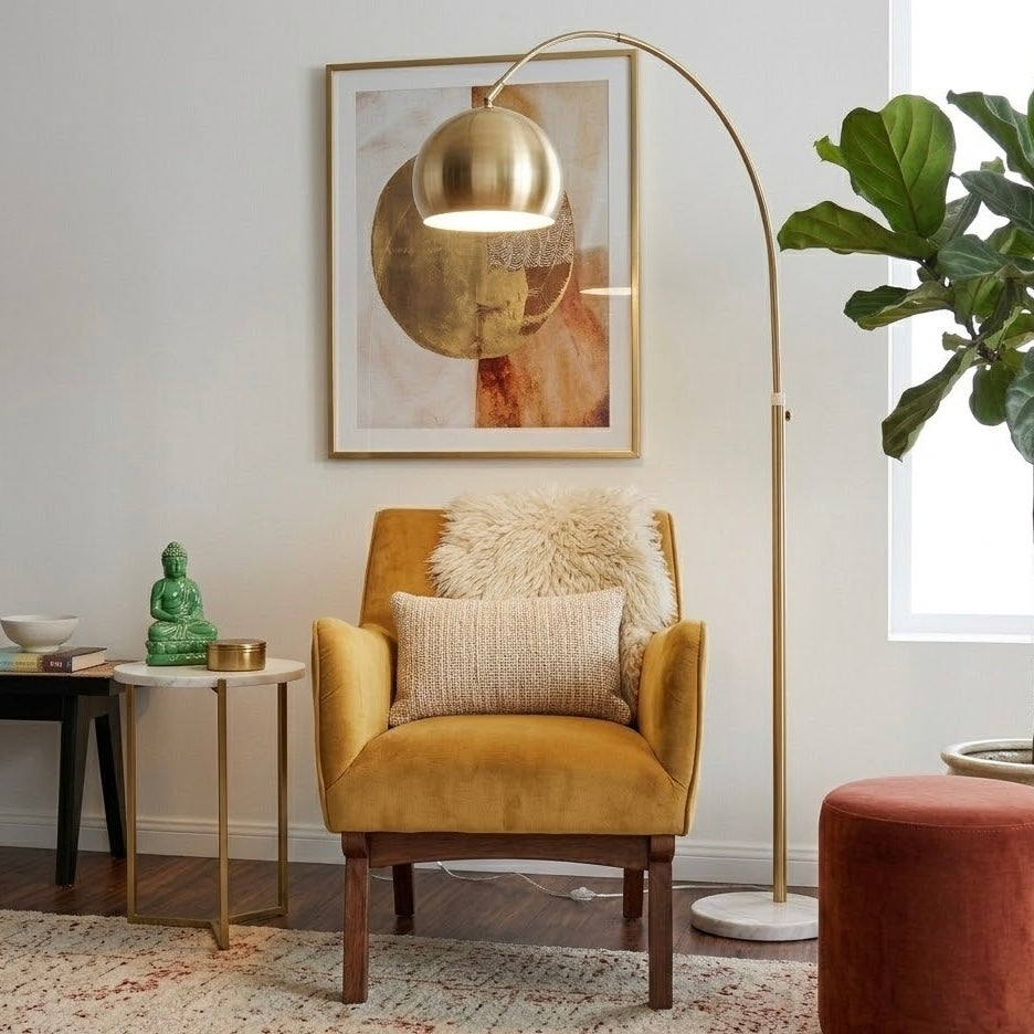 Oasis Long Arm Gold Brass Adjustable Floor Lamp with Round White Marble Base from Ashcroft Furniture - Luna Furniture