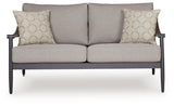 Ocean Beach Outdoor Sofa and Loveseat with Coffee Table in Gray from Ashley Furniture - Luna Furniture