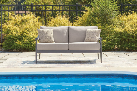 Ocean Beach Outdoor Sofa and Loveseat with Coffee Table in Gray from Ashley Furniture - Luna Furniture