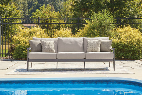 Ocean Beach Outdoor Sofa and Loveseat with Coffee Table in Gray from Ashley Furniture - Luna Furniture