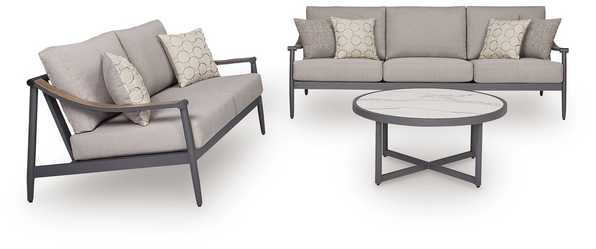Ocean Beach Outdoor Sofa and Loveseat with Coffee Table in Gray from Ashley Furniture - Luna Furniture