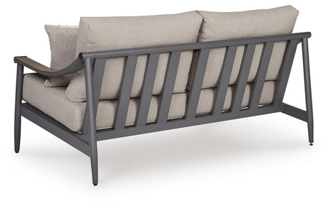 Ocean Beach Outdoor Sofa and Loveseat with Coffee Table in Gray from Ashley Furniture - Luna Furniture
