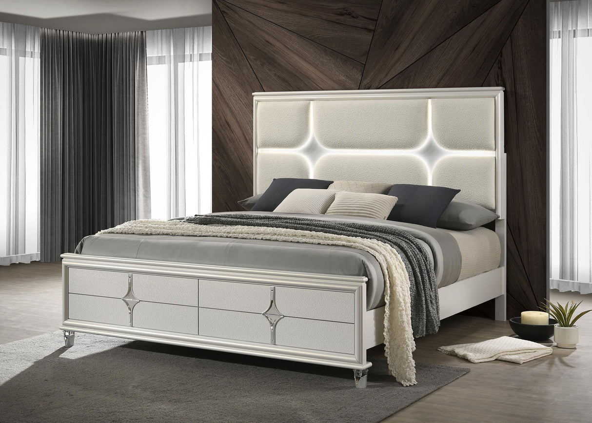 Olivia Pearl White Queen Panel Bed LED Headboard from Coaster - Luna Furniture