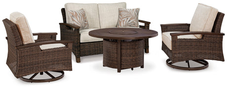 Paradise Trail Medium Brown Outdoor Loveseat and 2 Lounge Chairs with Fire Pit Table from Ashley Furniture - Luna Furniture
