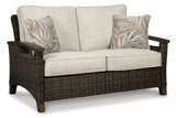 Paradise Trail Medium Brown Outdoor Loveseat and 2 Lounge Chairs with Fire Pit Table from Ashley Furniture - Luna Furniture