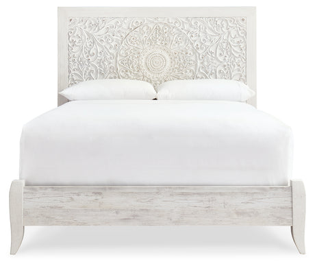 Paxberry Queen Panel Bed with Mirrored Dresser and Chest in Whitewash from Ashley - Luna Furniture
