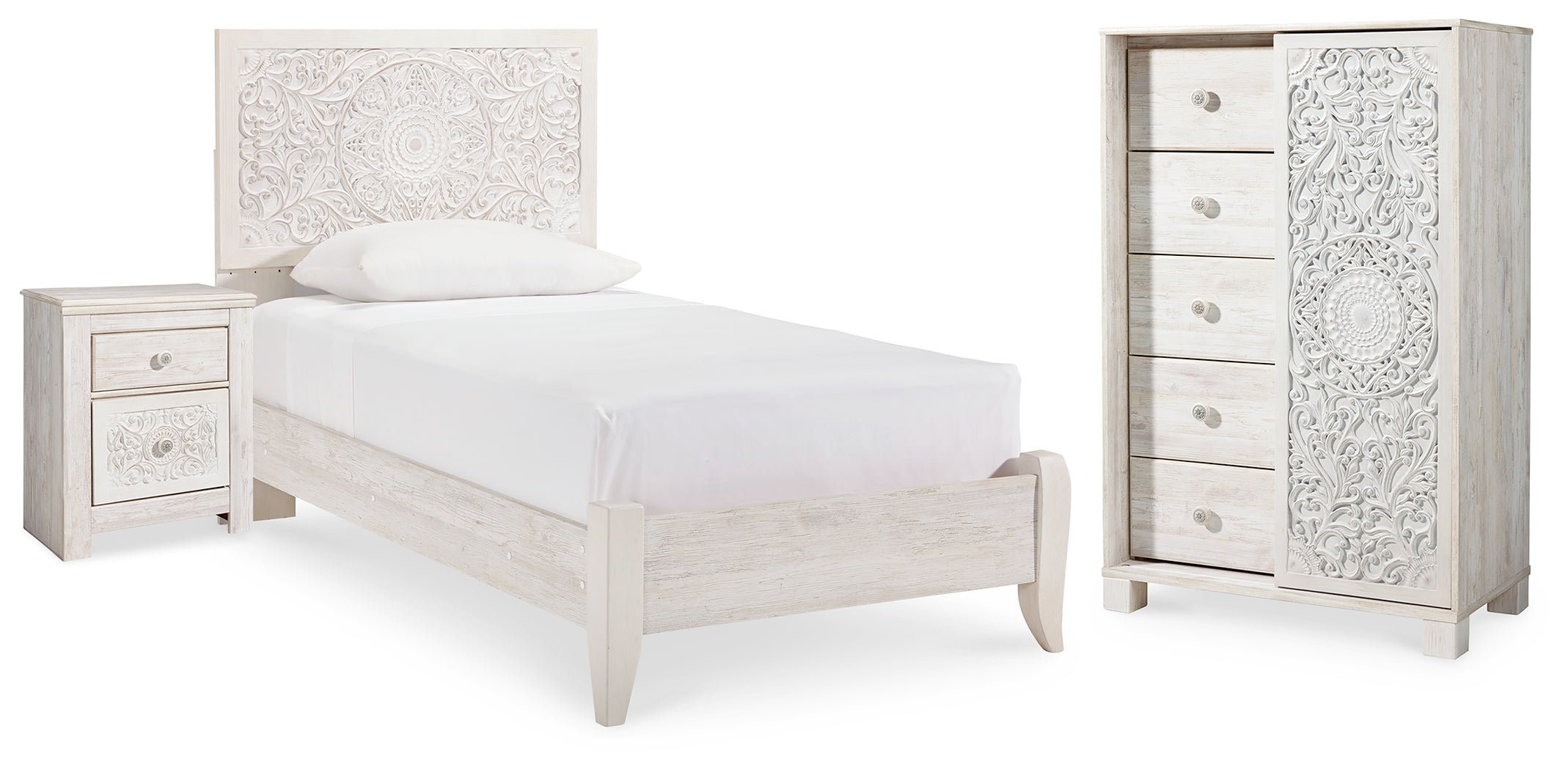 Ashley Paxberry Whitewash Twin Panel Bed, Chest and Nightstand