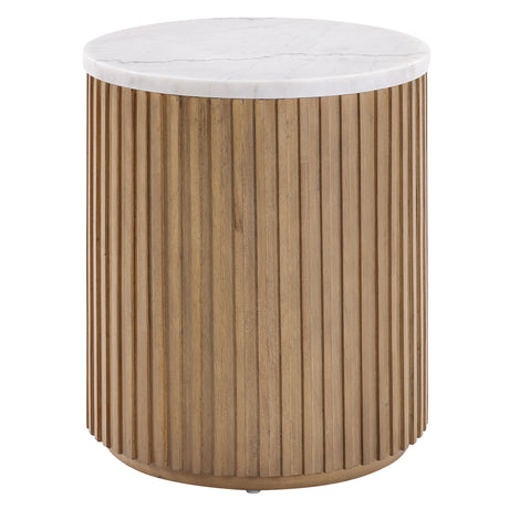 Colvin 18″ Round White Marble Top End Table, Toffee Finish from Steve Silver - Luna Furniture