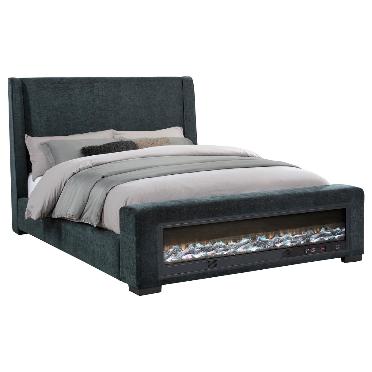 Preston Blue Upholstered Eastern King Audio Fireplace Bed from Coaster - Luna Furniture