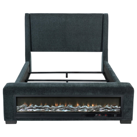 Preston Blue Upholstered Eastern King Audio Fireplace Bed from Coaster - Luna Furniture