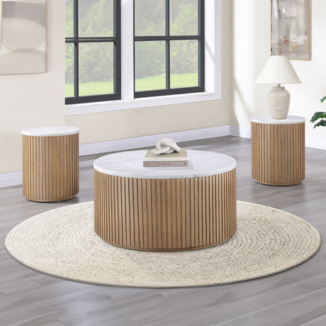 Colvin 36″ Round Castered White Marble Top Coffee Table, Toffee Finish from Steve Silver - Luna Furniture
