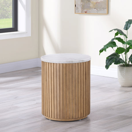 Colvin 18″ Round White Marble Top End Table, Toffee Finish from Steve Silver - Luna Furniture