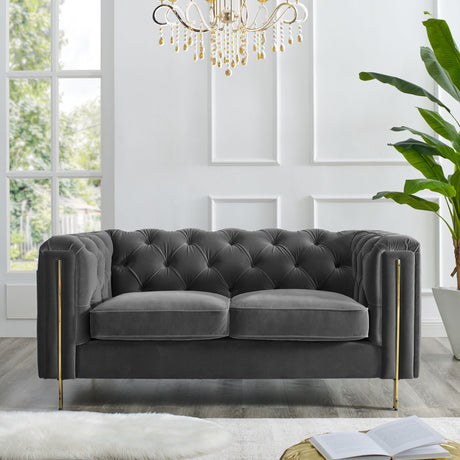 Charlene Gray Velvet Button Tufted Rolled Arm Chesterfield Loveseat from Steve Silver - Luna Furniture