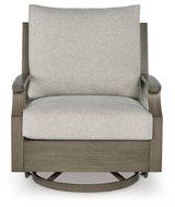 Rainier Ranch Brown/Beige Outdoor Swivel Glider Chair with Cushion from Ashley - Luna Furniture