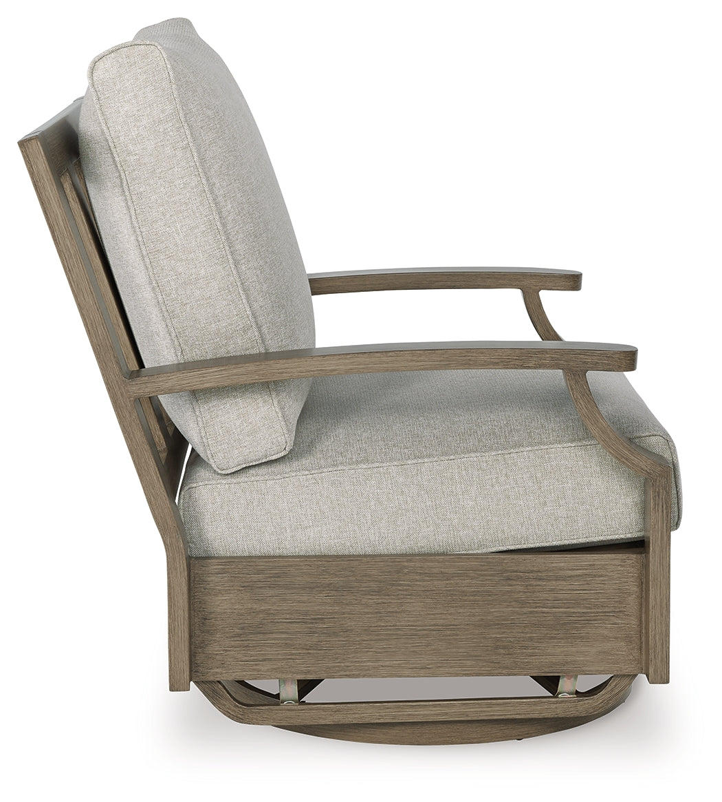 Rainier Ranch Brown/Beige Outdoor Swivel Glider Chair with Cushion from Ashley - Luna Furniture
