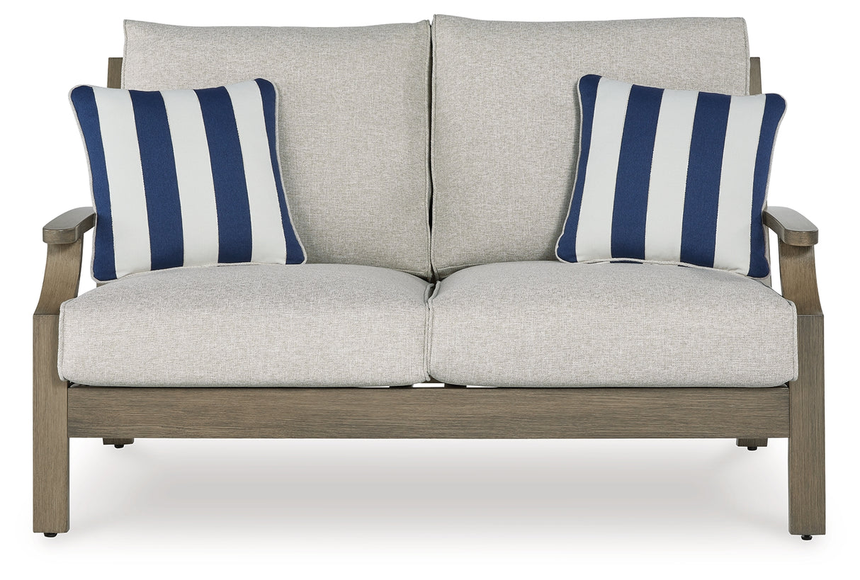 Rainier Ranch Outdoor Loveseat and 2 Chairs with Coffee Table in Brown/Beige from Ashley Furniture - Luna Furniture
