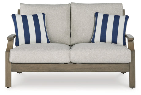 Rainier Ranch Outdoor Loveseat and 2 Chairs with Coffee Table in Brown/Beige from Ashley Furniture - Luna Furniture