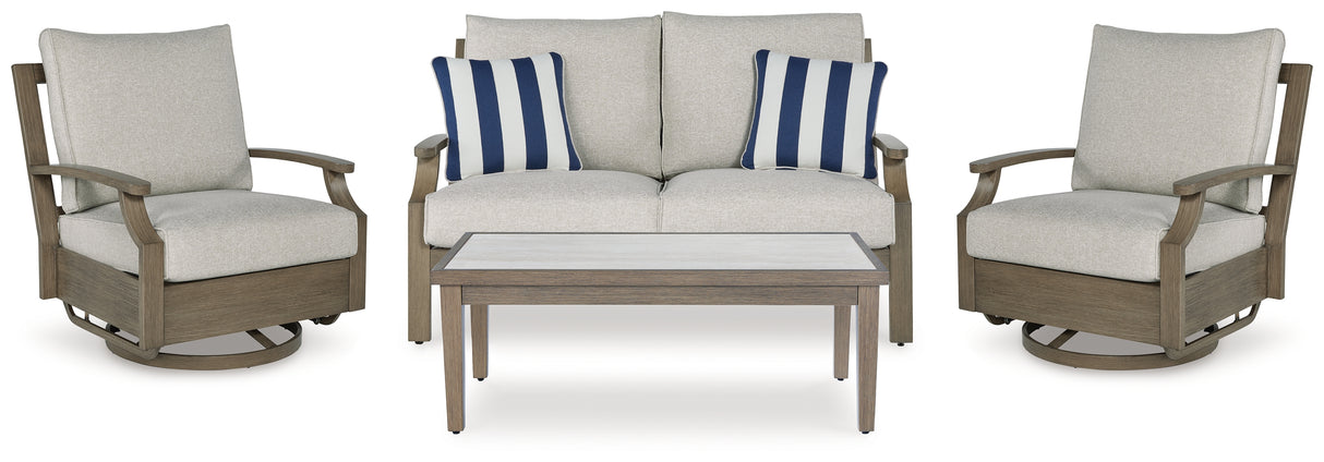 Rainier Ranch Outdoor Loveseat and 2 Chairs with Coffee Table in Brown/Beige from Ashley Furniture - Luna Furniture