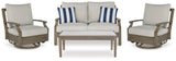 Rainier Ranch Outdoor Loveseat and 2 Chairs with Coffee Table in Brown/Beige from Ashley Furniture - Luna Furniture