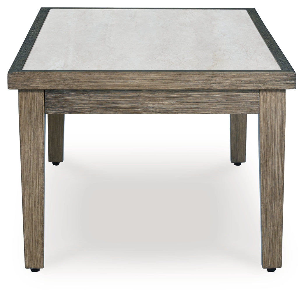 Rainier Ranch Outdoor Loveseat and 2 Chairs with Coffee Table in Brown/Beige from Ashley Furniture - Luna Furniture