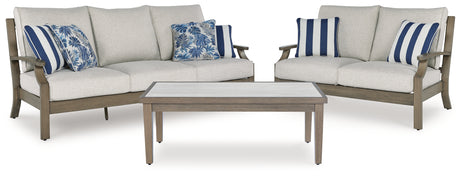 Rainier Ranch Outdoor Sofa and Loveseat with Coffee Table in Brown/Beige from Ashley - Luna Furniture