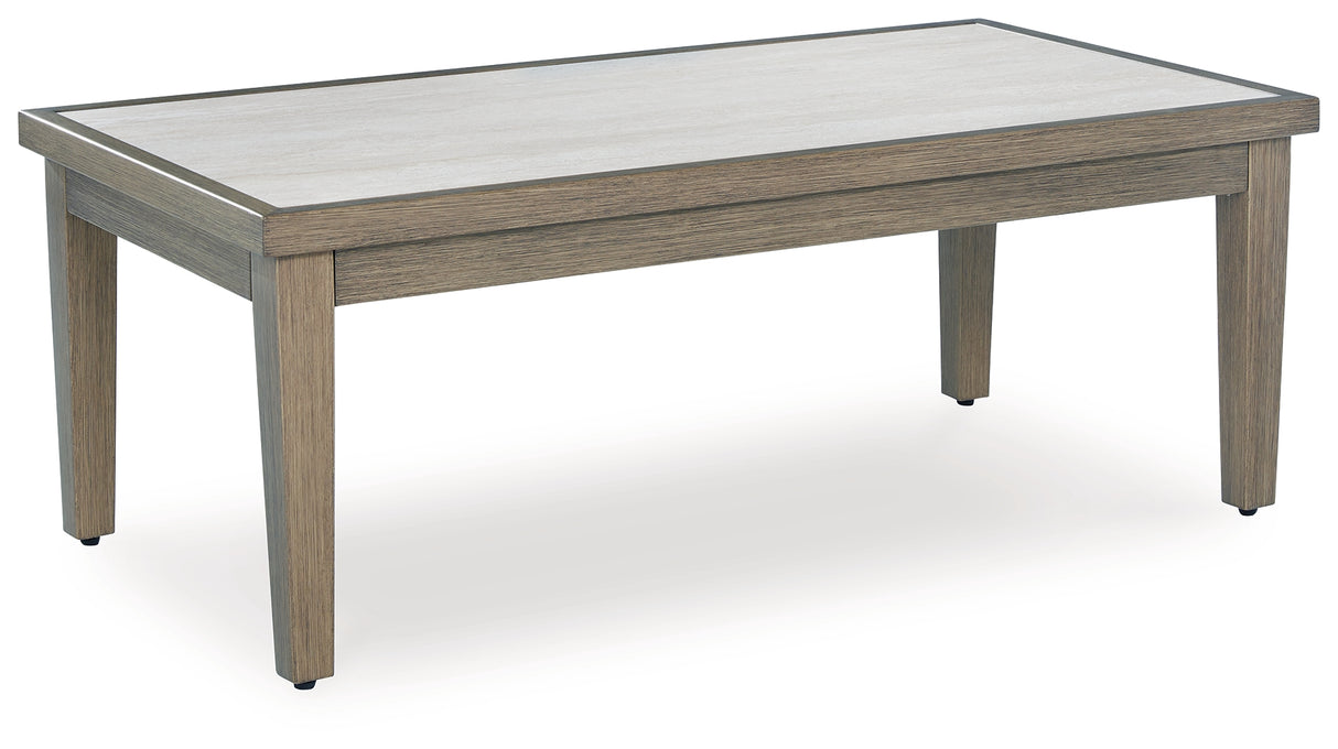 Rainier Ranch Outdoor Sofa and Loveseat with Coffee Table in Brown/Beige from Ashley Furniture - Luna Furniture
