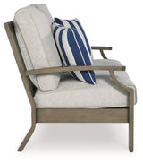 Rainier Ranch Outdoor Sofa and Loveseat with Coffee Table in Brown/Beige from Ashley Furniture - Luna Furniture