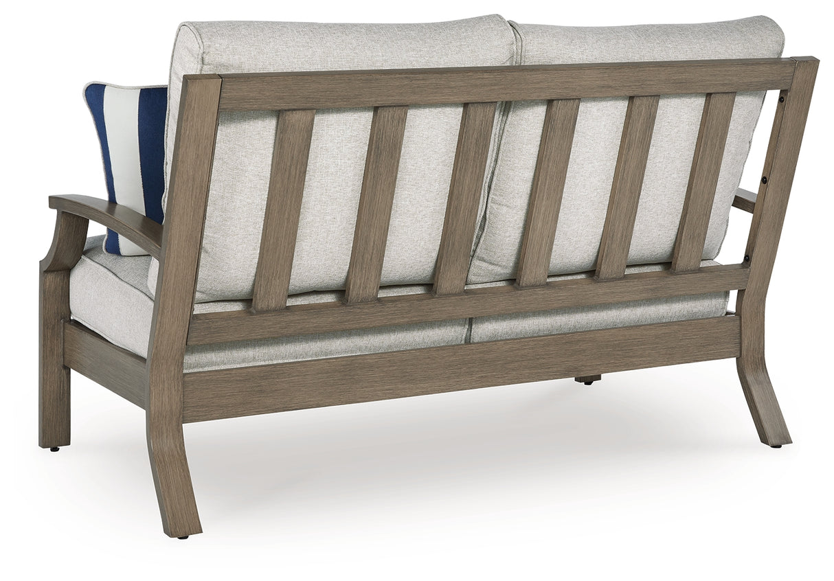 Rainier Ranch Outdoor Sofa and Loveseat with Coffee Table in Brown/Beige from Ashley Furniture - Luna Furniture
