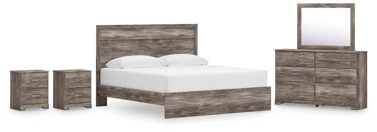 Ralinksi King Panel Bed with Mirrored Dresser and 2 Nightstands in Gray from Ashley - Luna Furniture