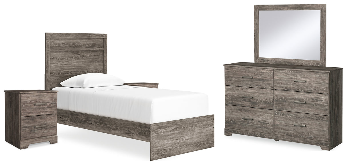 Ralinksi Twin Panel Bed with Mirrored Dresser and 2 Nightstands in Gray from Ashley - Luna Furniture