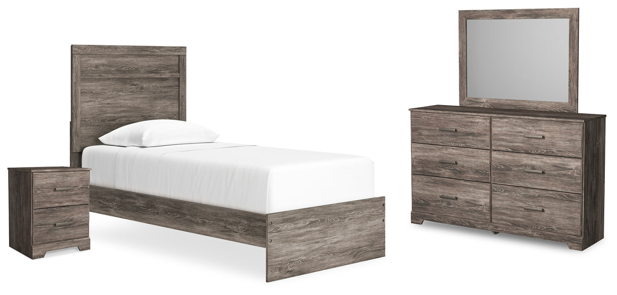 Ralinksi Twin Panel Bed with Mirrored Dresser and Nightstand in Gray from Ashley - Luna Furniture