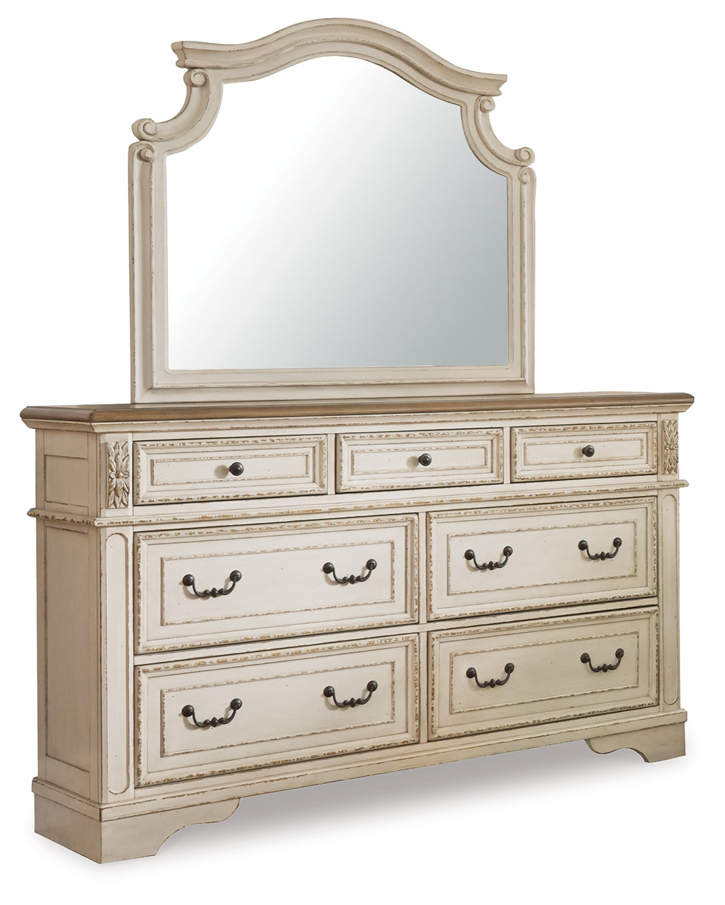 Realyn Chipped White California King Sleigh Bed with Mirrored Dresser and 2 Nightstands from Ashley Furniture - Luna Furniture
