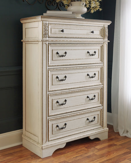 Realyn Chipped White California King Sleigh Bed with Mirrored Dresser and Chest from Ashley Furniture - Luna Furniture