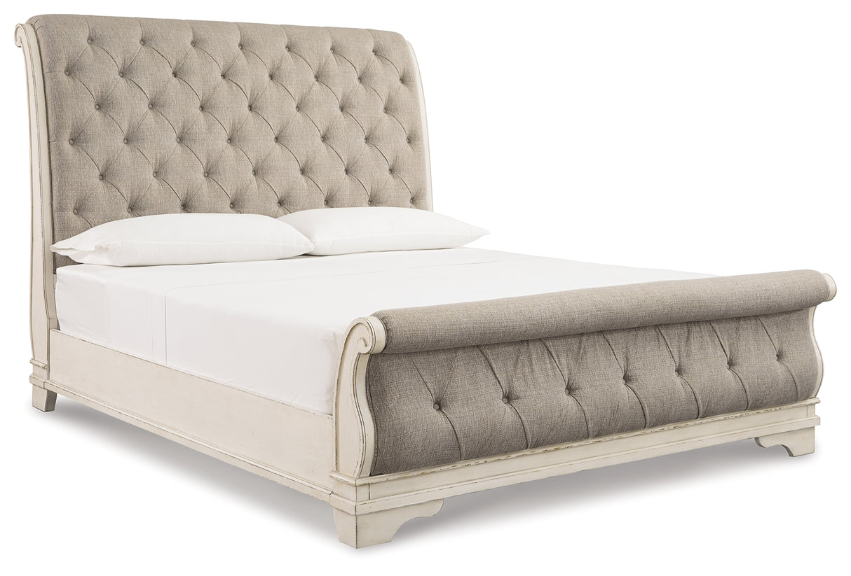 Realyn Chipped White California King Sleigh Bed with Mirrored Dresser from Ashley Furniture - Luna Furniture