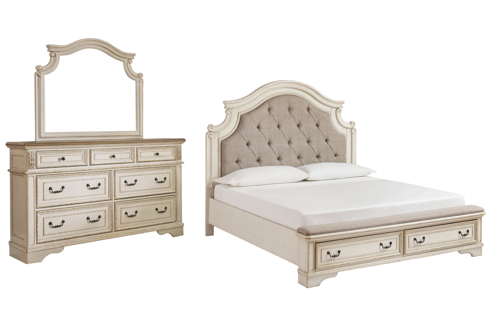Realyn California King Upholstered Bed with Mirrored Dresser in Two-tone from Ashley - Luna Furniture