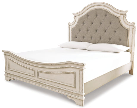 Realyn Chipped White California King Upholstered Panel Bed with Dresser from Ashley Furniture - Luna Furniture