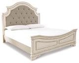 Realyn Chipped White California King Upholstered Panel Bed with Mirrored Dresser from Ashley Furniture - Luna Furniture
