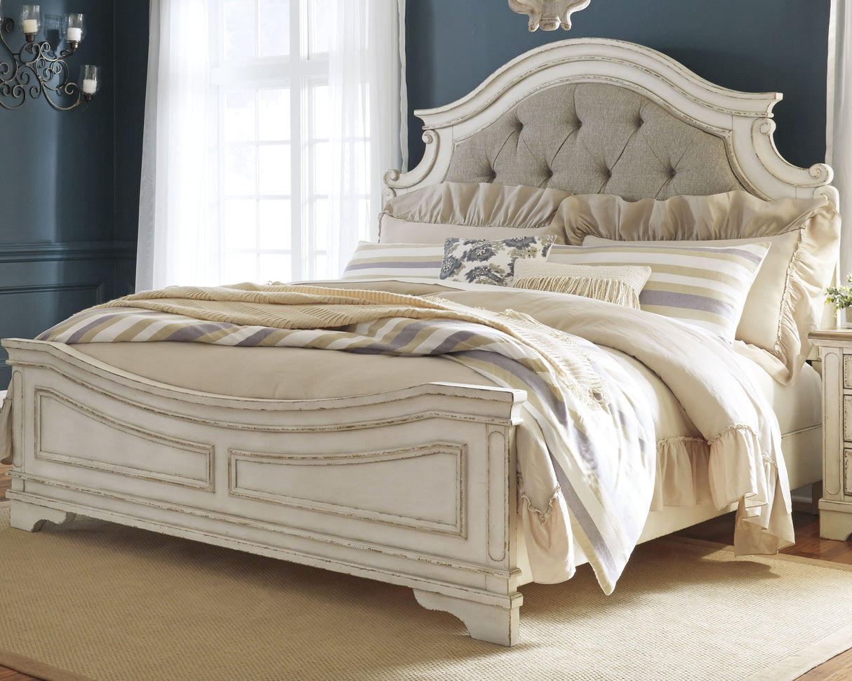 Realyn Chipped White California King Upholstered Panel Bed with Mirrored Dresser from Ashley Furniture - Luna Furniture