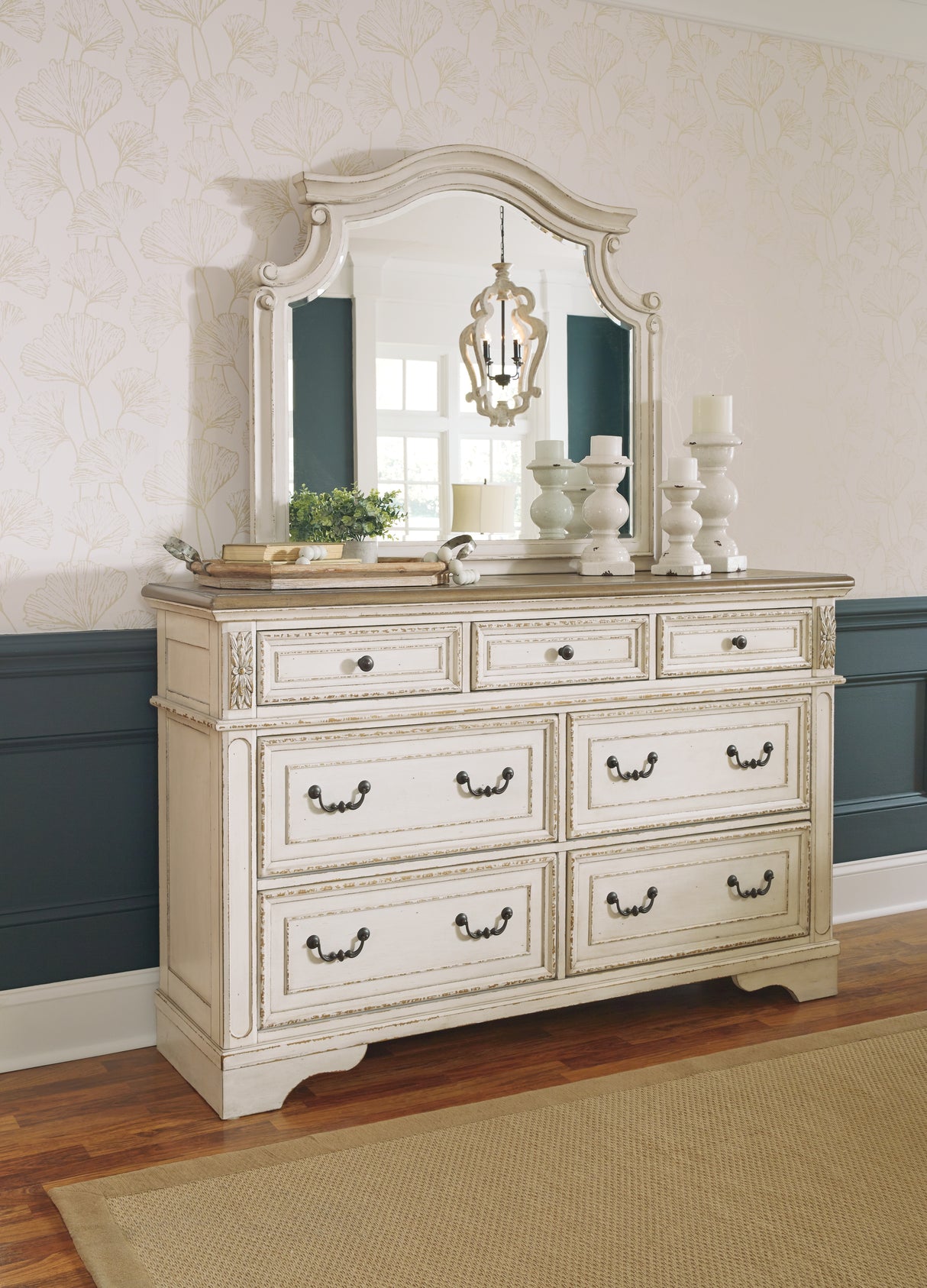 Realyn Chipped White California King Upholstered Panel Bed with Mirrored Dresser from Ashley Furniture - Luna Furniture