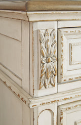 Realyn Chipped White California King Upholstered Panel Bed with Mirrored Dresser from Ashley Furniture - Luna Furniture