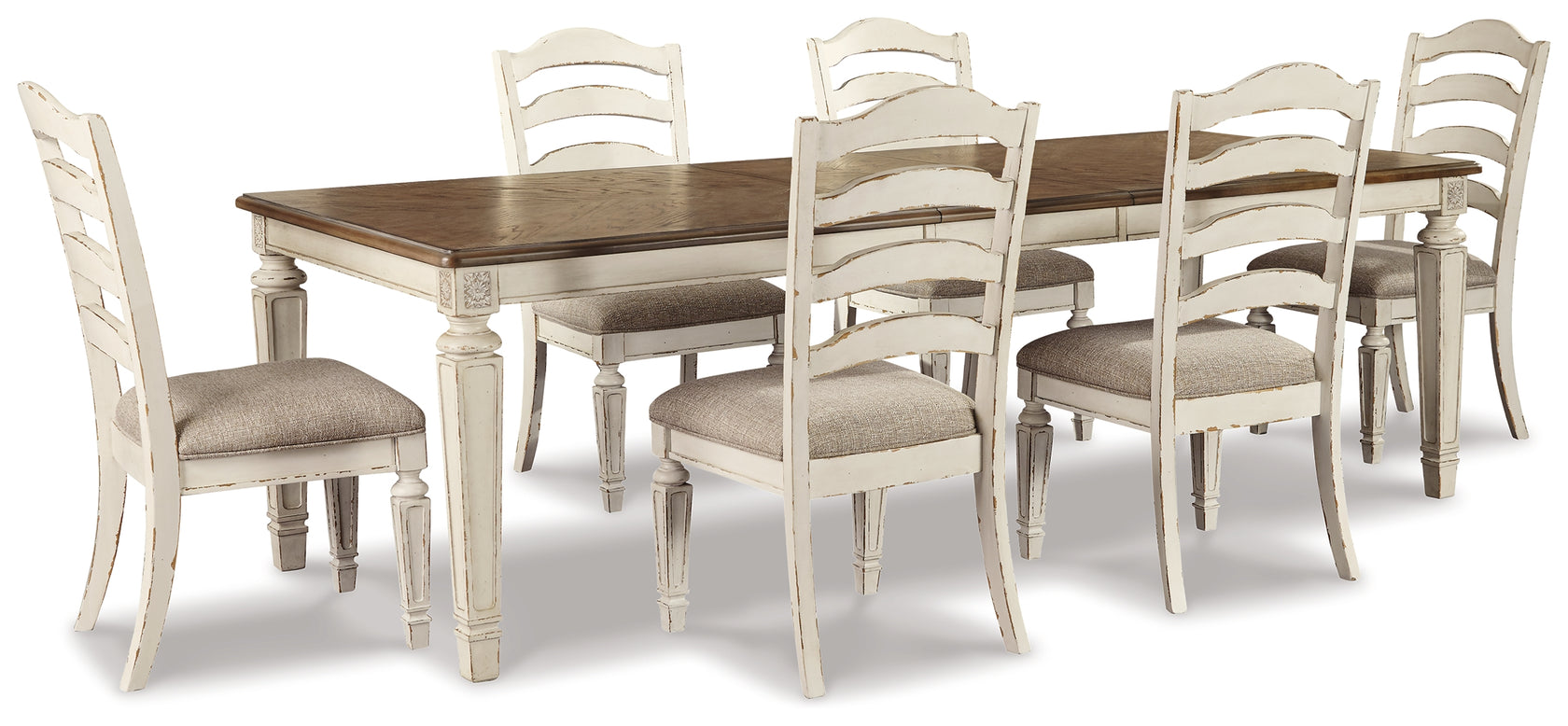 Realyn Chipped White Rectangular Extendable Dining Table and 6 Ladder Back Chairs from Ashley Furniture - Luna Furniture